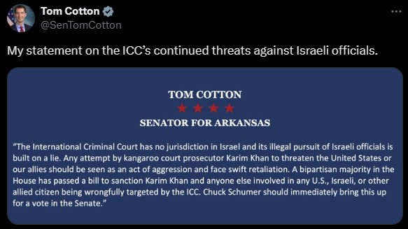 Tom Cotton Blasts ICC’s Push for Israeli Arrest Warrants, Urges Senate Action on Sanctions